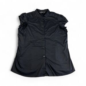 Norma Kamali Womens Black Button Front Blouse L Minimalist Work Short Sleeve Top